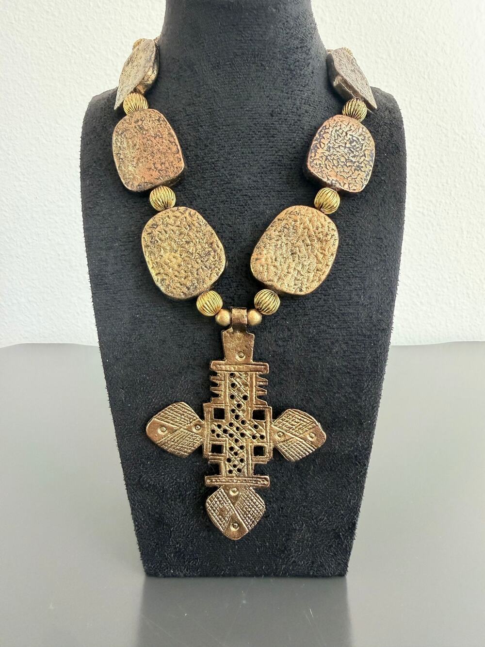 Vintage necklace Ethiopian-style cross pendant chunky stone and golden beads